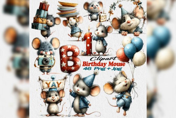 Birthday Mouse Clipart PNG Party Set
