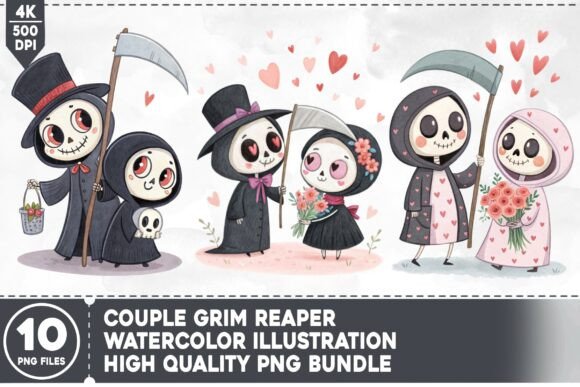 Couple Grim Reaper Watercolor Bundle: Creative Freedom for Makers and Merch Sellers