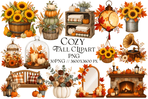 Cozy Fall Clipart PNG Bundle: Autumn Watercolor Elements for Creative Projects
