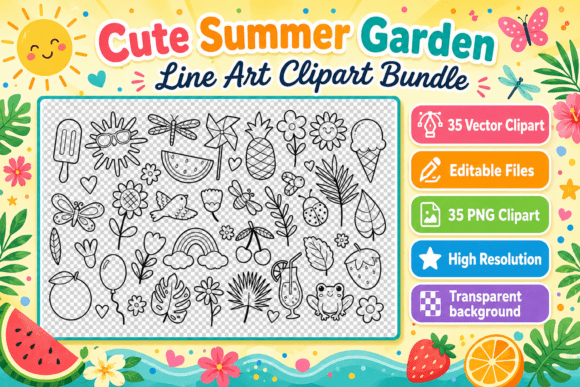 Cute Summer Garden Line Art Clipart Bundle: A Versatile Design Resource