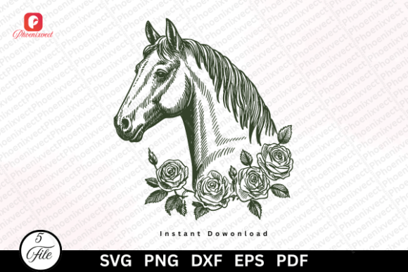 Hand Drawn Floral Rose Horse Head SVG: Rustic Elegance for Creative Projects