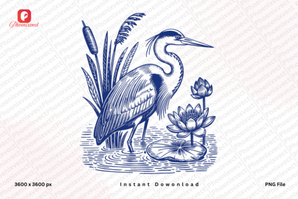 Hand Drawn Vintage Floral Heron Bird PNG: Timeless Art for Creative Projects