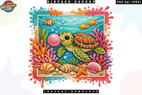 Sea Turtle Ocean Scene Crochet Yarn PNG