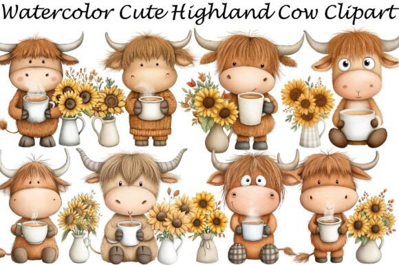 Watercolor Cute Highland Cow Clipart: A Creative Asset for Diverse Projects