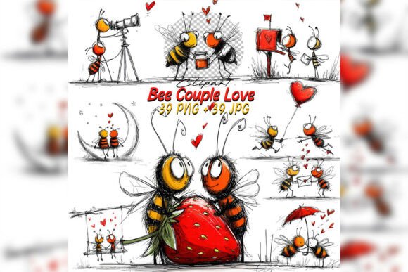 Whimsical Bee Couple Love Clipart Set: A Sweet Addition for Romantic Design Projects