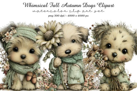 Whimsical Fall Autumn Dogs Clipart