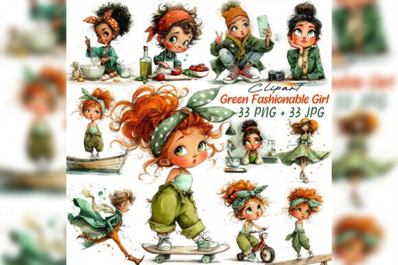 Whimsical Green Fashion Girl Clipart Set: Elevating Modern Design Projects with Artistic Flair