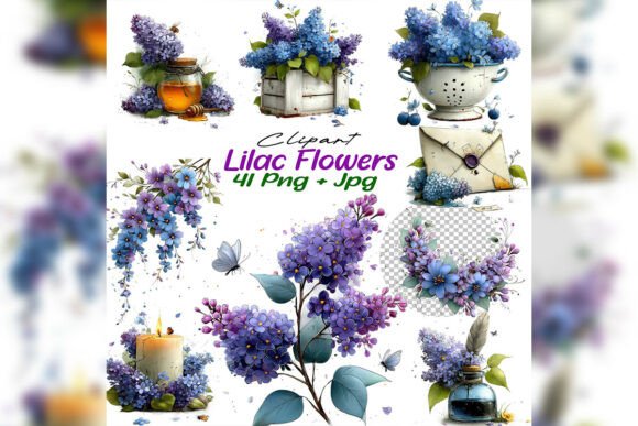 Whimsical Lilac Flowers Clipart PNG Set: Enhancing Creative Workflows with Elegant Floral Design