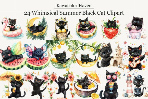 Whimsical Summer Black Cat Clipart: Creative Inspiration for Personal and Commercial Projects